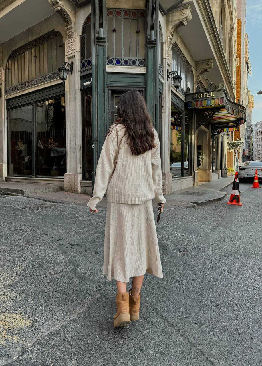 Ensemble pull et jupe midi en maille côtelée pour femmes - Beige – Image 6