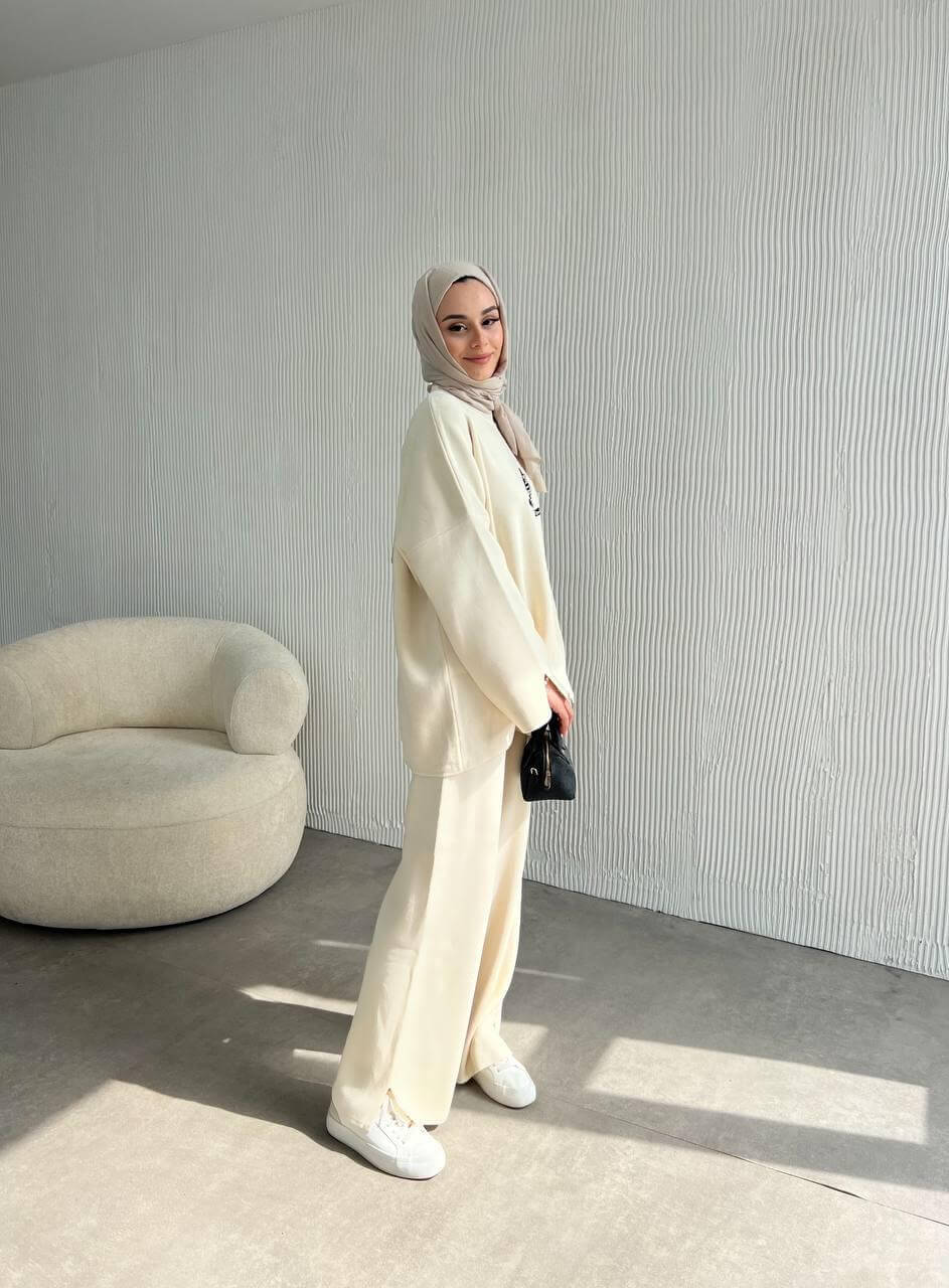 Ensemble Oversize Motif brodé en perles- Beige Clair – Image 6