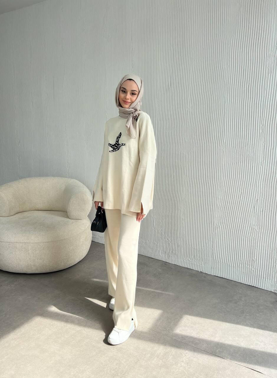 Ensemble Oversize Motif brodé en perles- Beige Clair – Image 4