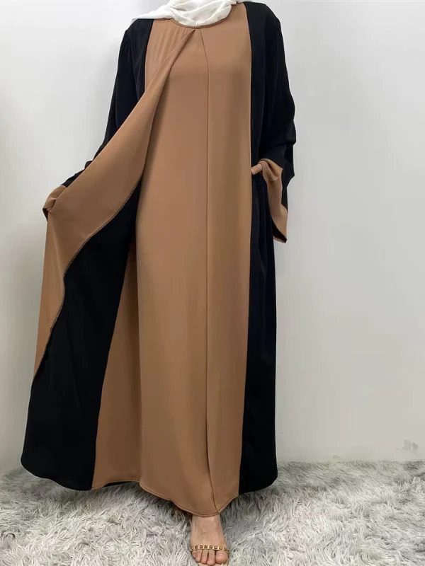 Abaya dubai kimono noir et beige caramel – Image 2