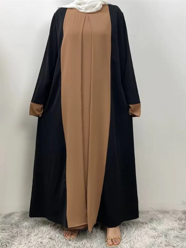 Abaya dubai kimono noir et beige caramel – Image 3