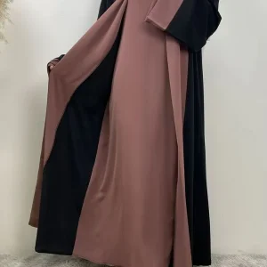Abaya dubai kimono noir et rose poudré