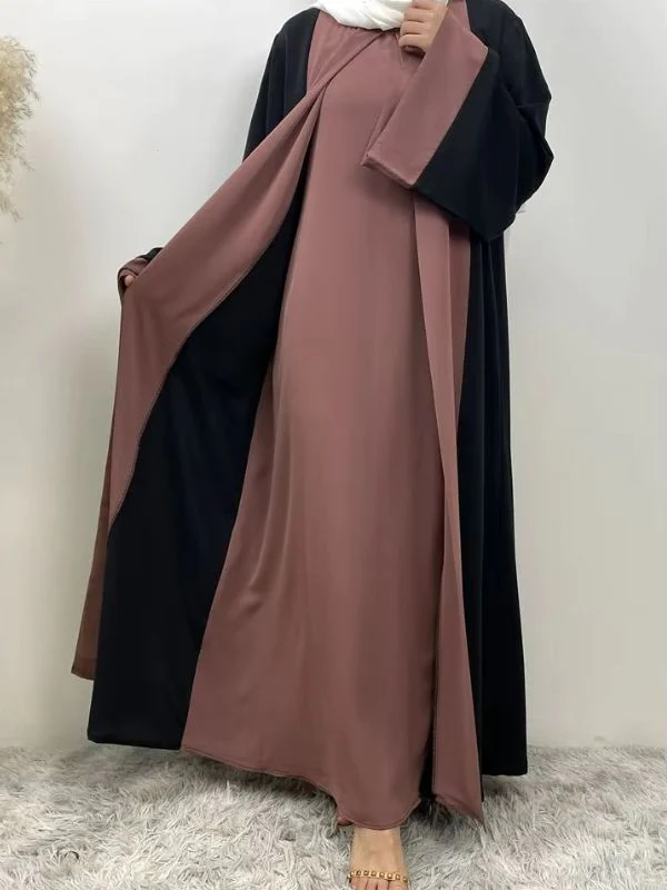 Abaya dubai kimono noir et rose poudré
