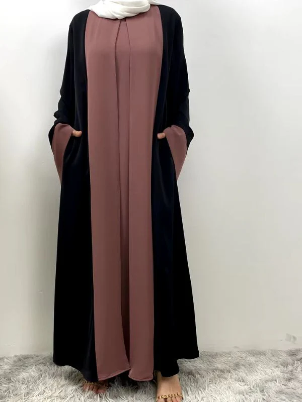 Abaya dubai kimono noir et rose poudré – Image 3