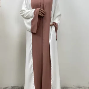 Abaya dubai kimono rose poudré et blanc