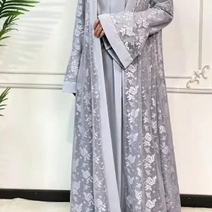 Abaya dubai luxe gris perle en dentelle