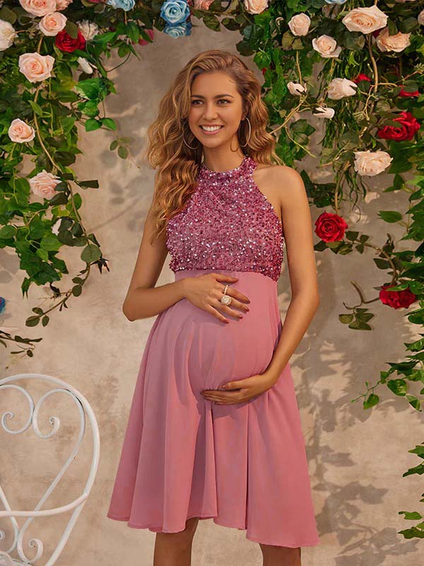 Beaumama robes courte grossesse brillante paillette dos nu licou élégant femme enceinte – Image 3