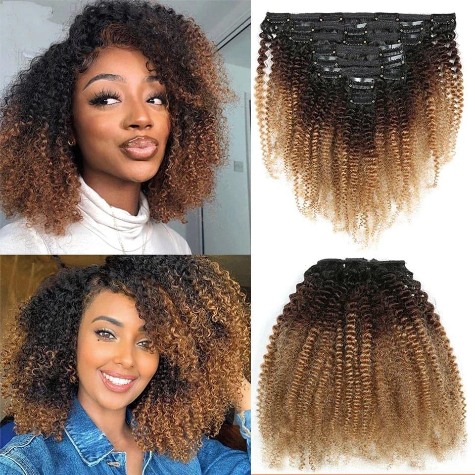 mèches mongolienne afro kinky clip in hair color 1B/4/27 extensions à clips de couleur blond miel – Image 4