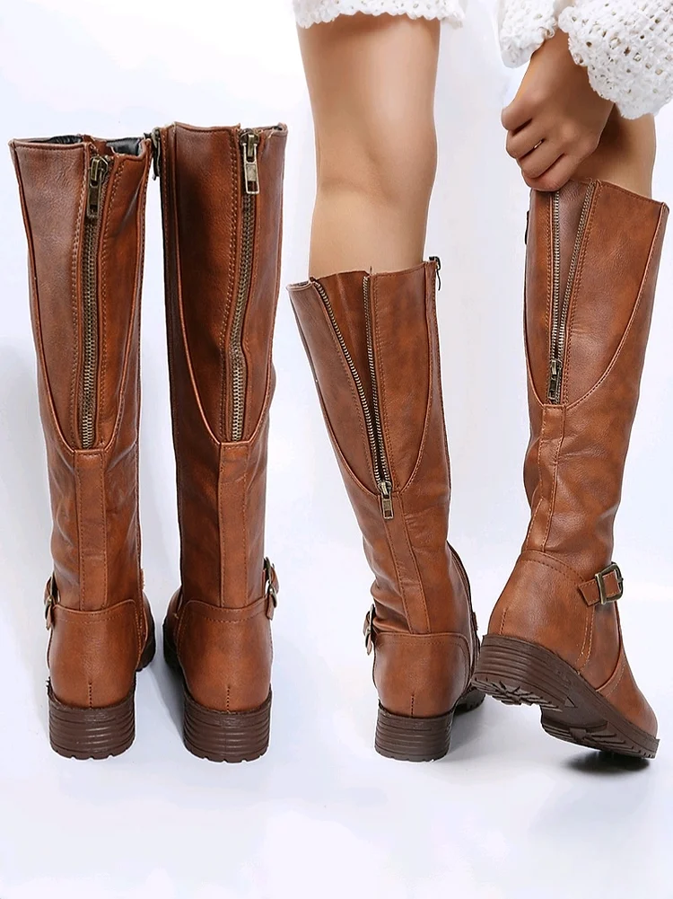 Bottes Femme d’Hiver en Cuir à Talon Bas avec Maintien jusqu’au Genou – Image 7
