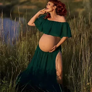 Beaumama robe longue grossesse élégant enceinte shooting costume deux pièces volants fendu le côté queue mousseline femme enceinte