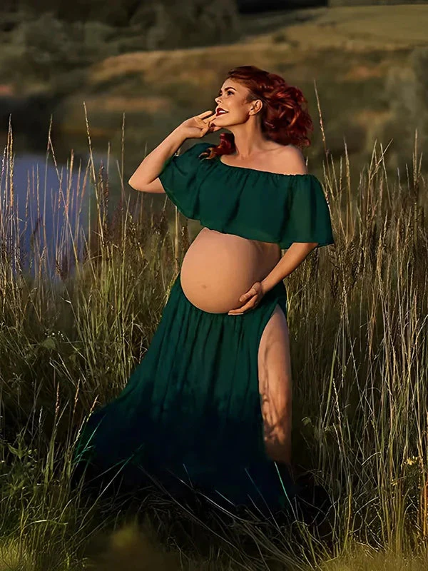 Beaumama robe longue grossesse élégant enceinte shooting costume deux pièces volants fendu le côté queue mousseline femme enceinte – Image 2