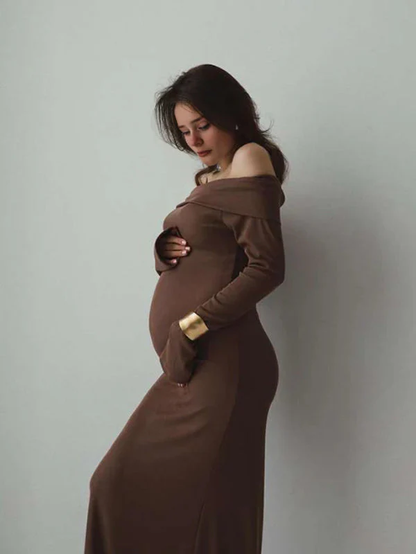 Beaumama robe pulls longue grossesse chic élégant crochet tricot épaule dénudée moulante femme enceinte – Image 6