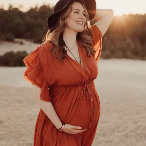 Beaumama robes longue grossese enceinte shooting volants coulisse taille boutonnage femme enceinte