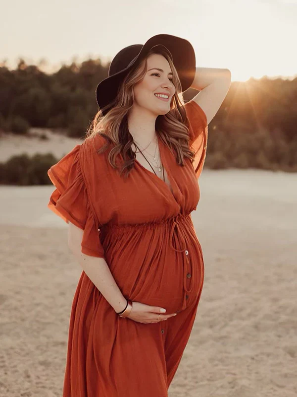 Beaumama robes longue grossese enceinte shooting volants coulisse taille boutonnage femme enceinte