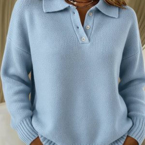 Pull Femme en Maille Douce à Col Polo Boutonné