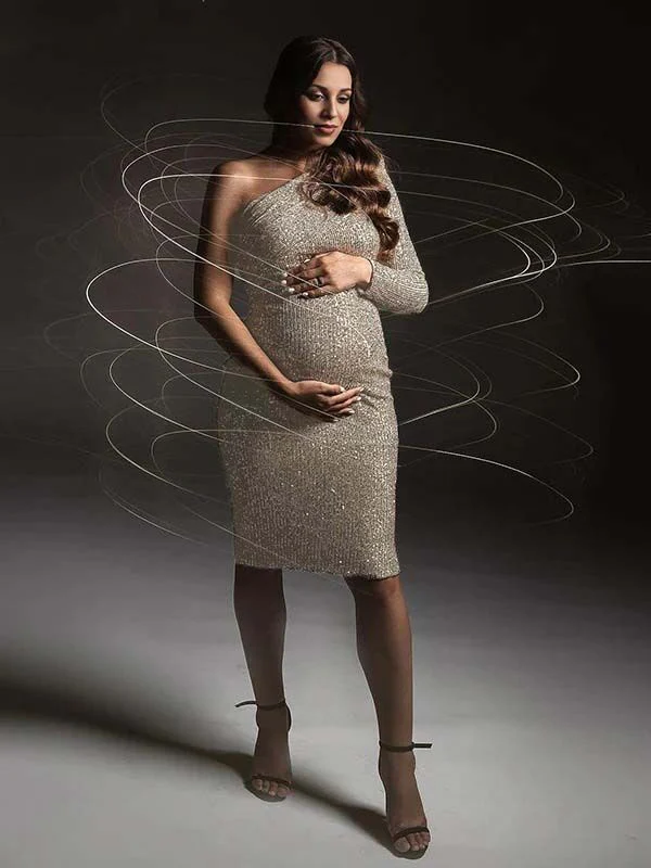 Beaumama robes courte grossesse brillante paillette asymétrique élégant femme enceinte – Image 2