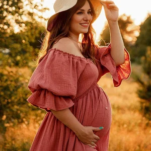 Beaumama robes longue grossesse enceinte shooting volants boutonnage fente avant queue bohème femme enceinte