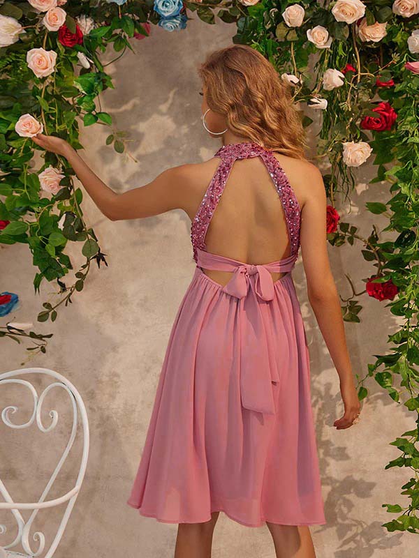 Beaumama robes courte grossesse brillante paillette dos nu licou élégant femme enceinte – Image 5