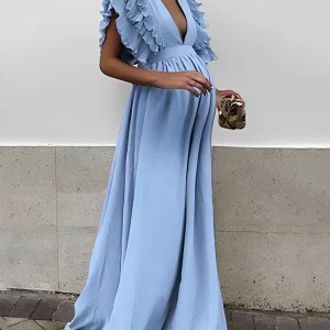 Beaumama robe longue de grossesse dos nu fluide volantée V-cou soirée femme enceinte
