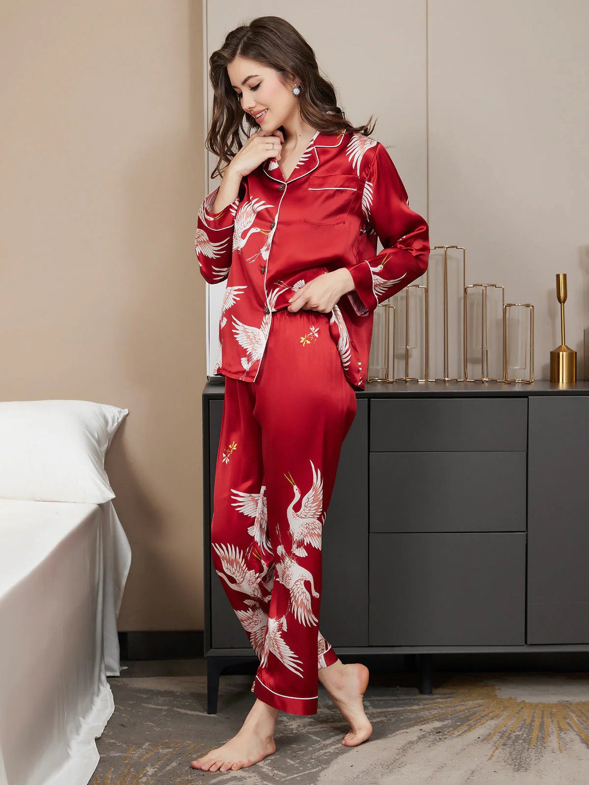 Ensemble de Pyjama Femme en Soie Pure Imprimée 19 Momme avec Contraste Classique – Image 8