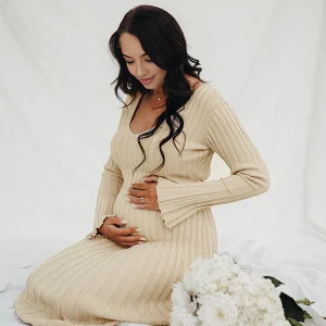 Beaumama robe shooting longue grossesse vacances crochet tricot rayé trapèze femme enceinte