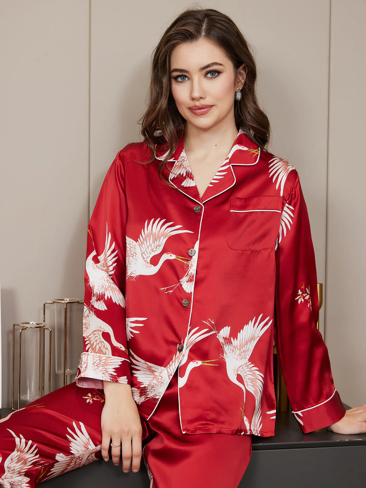 Ensemble de Pyjama Femme en Soie Pure Imprimée 19 Momme avec Contraste Classique – Image 9