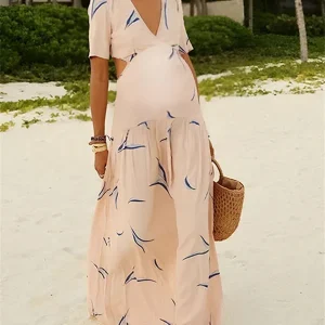 Beaumama robe shooting longue de grossesse découpe à la taille photo impression fluide v-col manches courtes femme enceinte