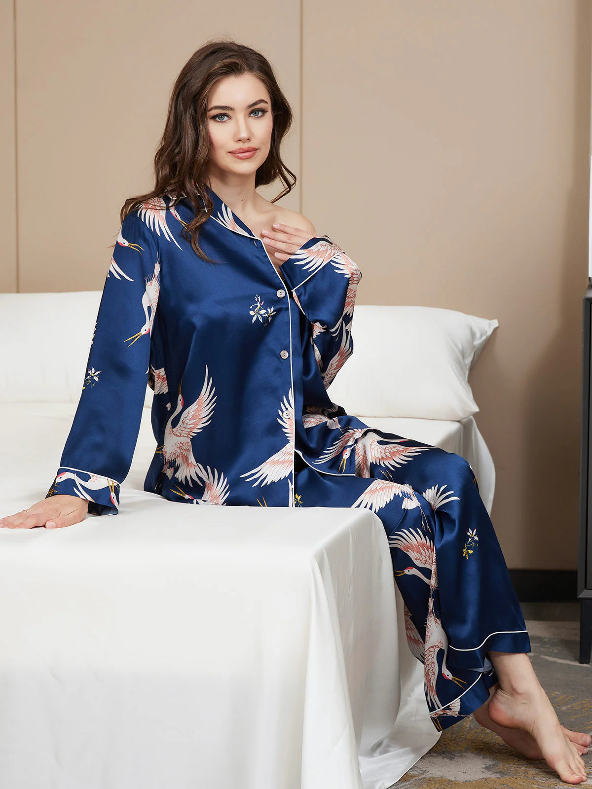 Ensemble de Pyjama Femme en Soie Pure Imprimée 19 Momme avec Contraste Classique – Image 7