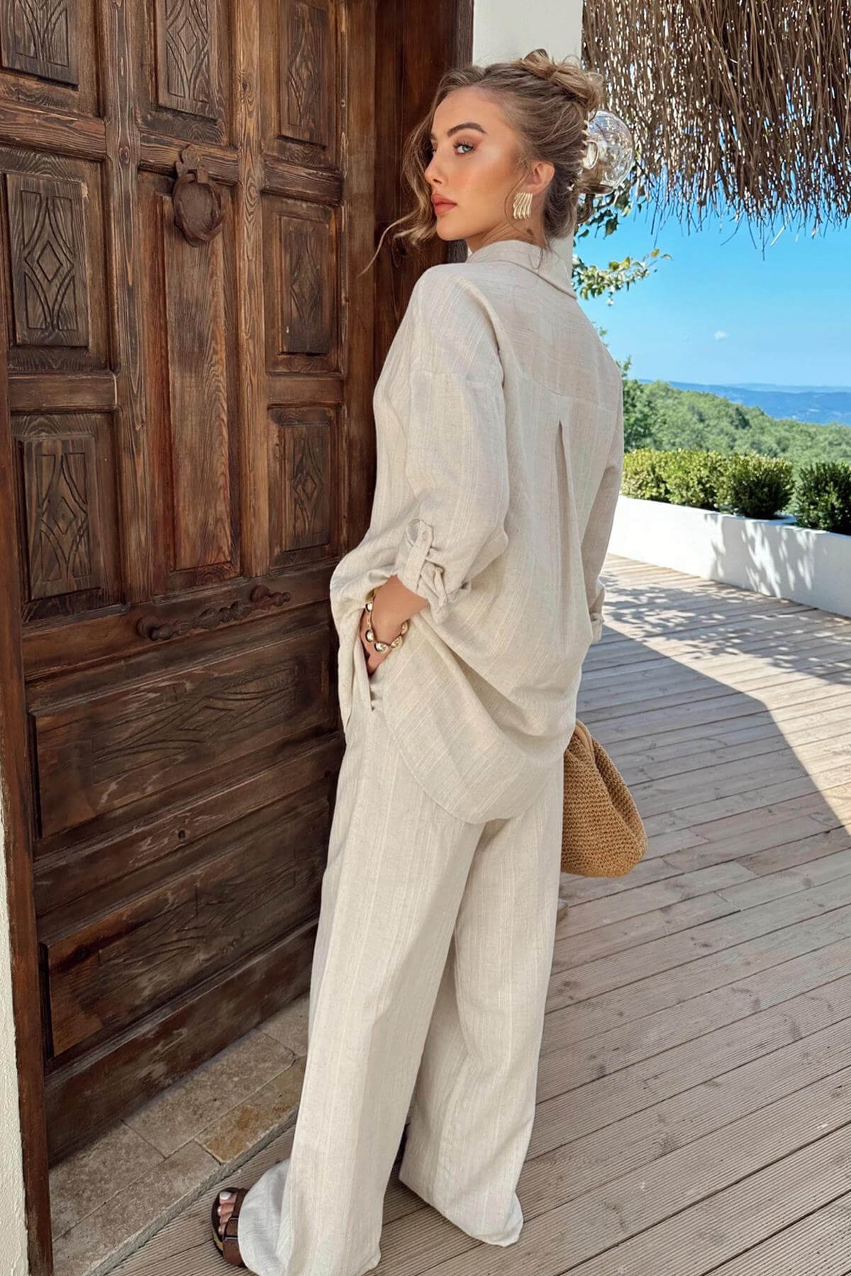 Ensemble Chemise et Pantalon en Nid d'Abeille Jacquar - Élégance et Confort – Image 3