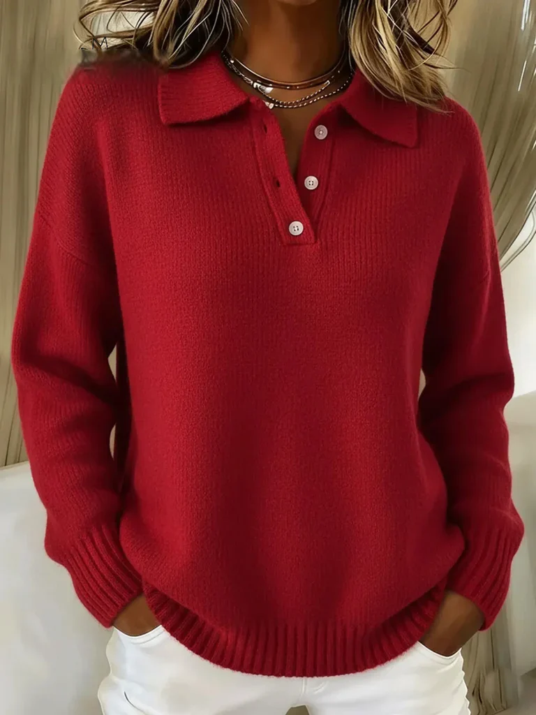 Pull Femme en Maille Douce à Col Polo Boutonné – Image 3