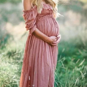 Beaumama robe longue grossesse Col bateau Volants coulisse  Dos nu shooting été femme enceinte